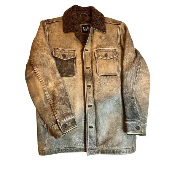 Vintage GAP Distressed Leather Sherpa Lined Trucker Jacket Rugged Oversized
